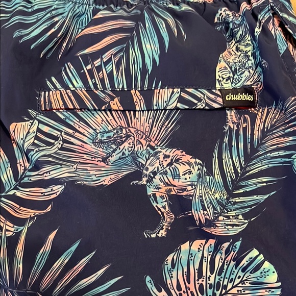 Chubbies Tropical Blue Dinosaur Swim Shorts - Size M 7” Inseam with Liner - Picture 3 of 6